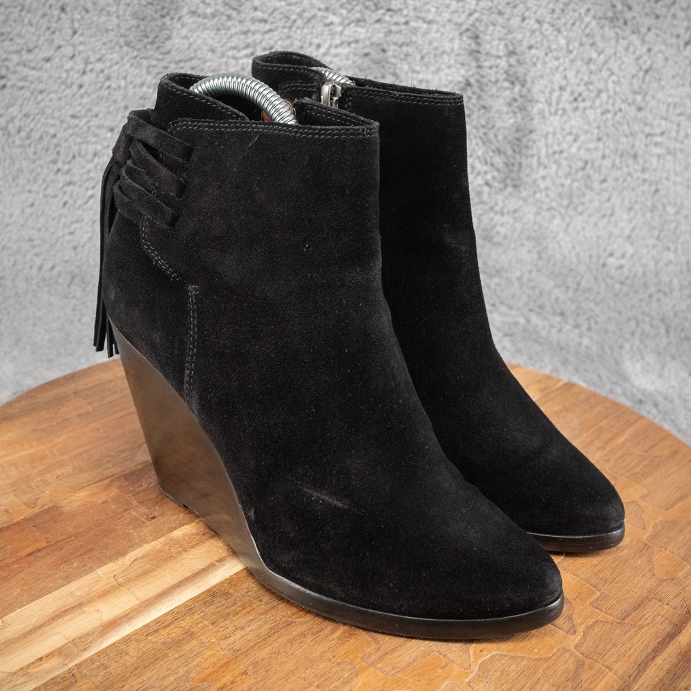 Frye Cece Tassel Lace Black Suede Wedge Bootie - Size 7 M Festival